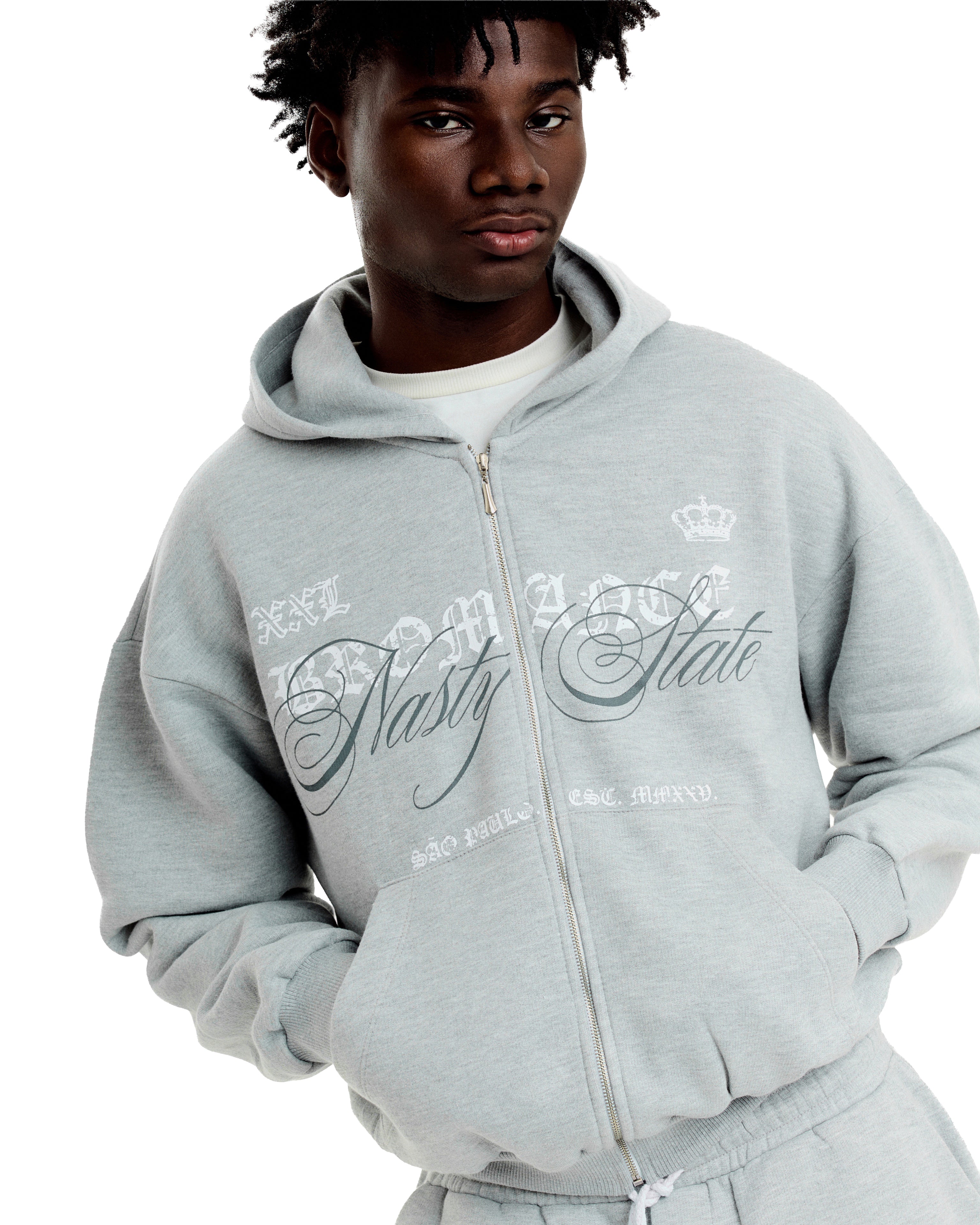 Boxy Zip Hoodie Nasty State - Cinza Mescla – Bromance