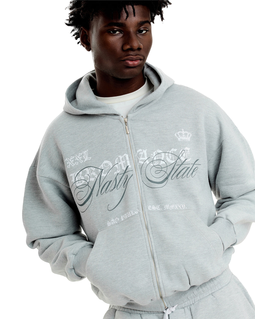 Boxy Zip Hoodie Nasty State - Cinza Mescla