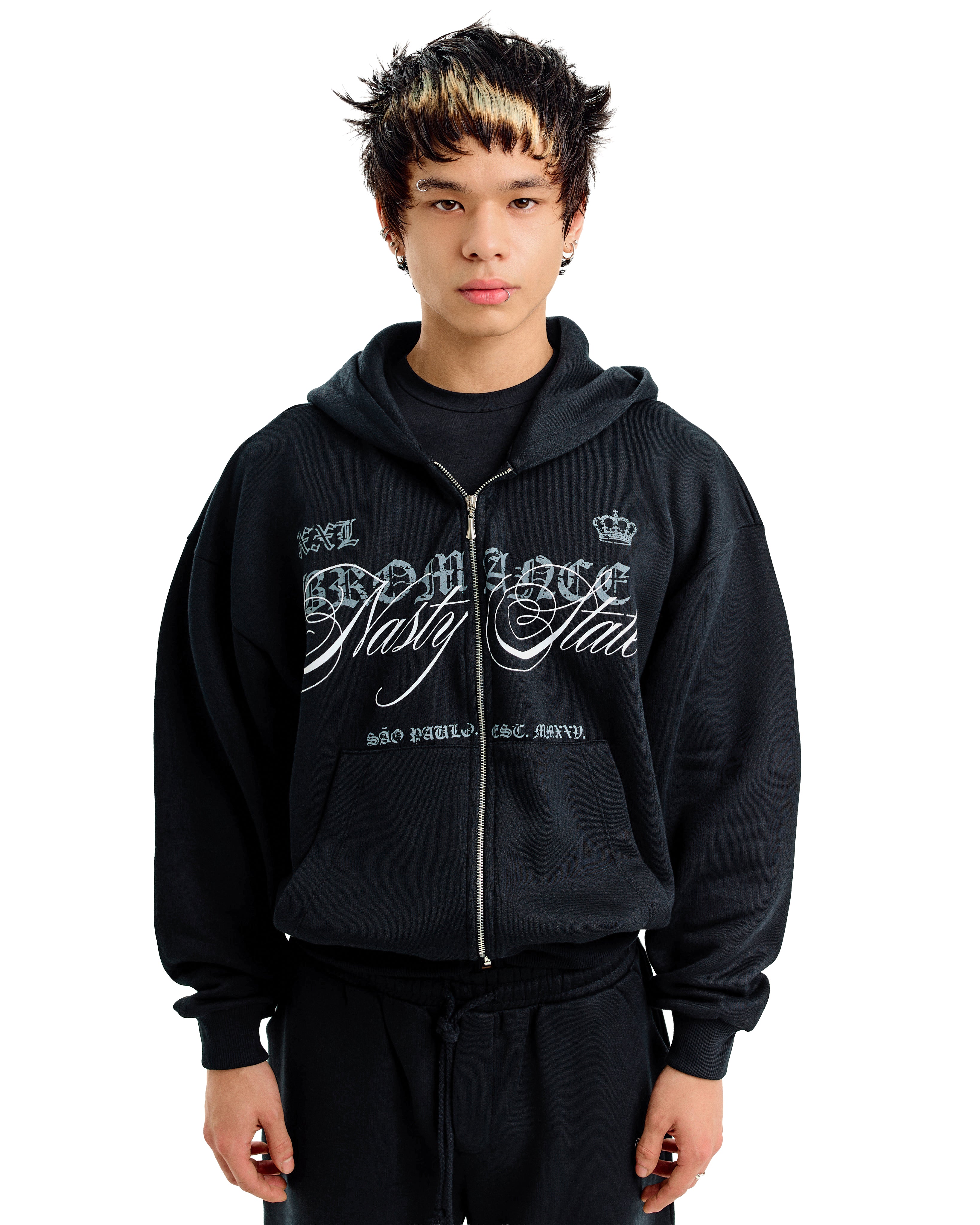Boxy Zip Hoodie Nasty State - Preto – Bromance